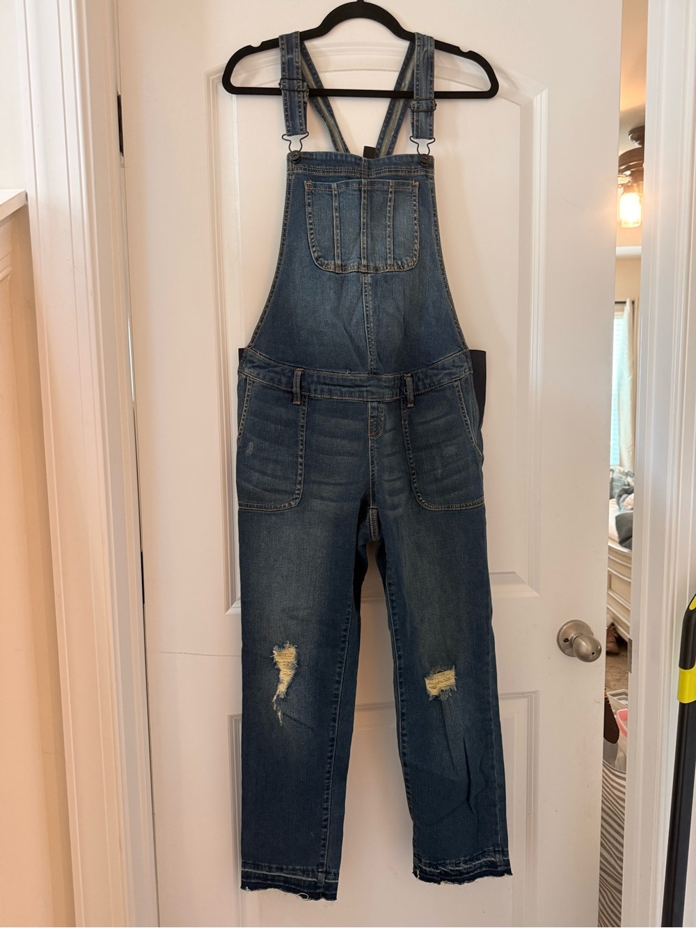 Women's Distressed Denim Maternity Overalls - Blue